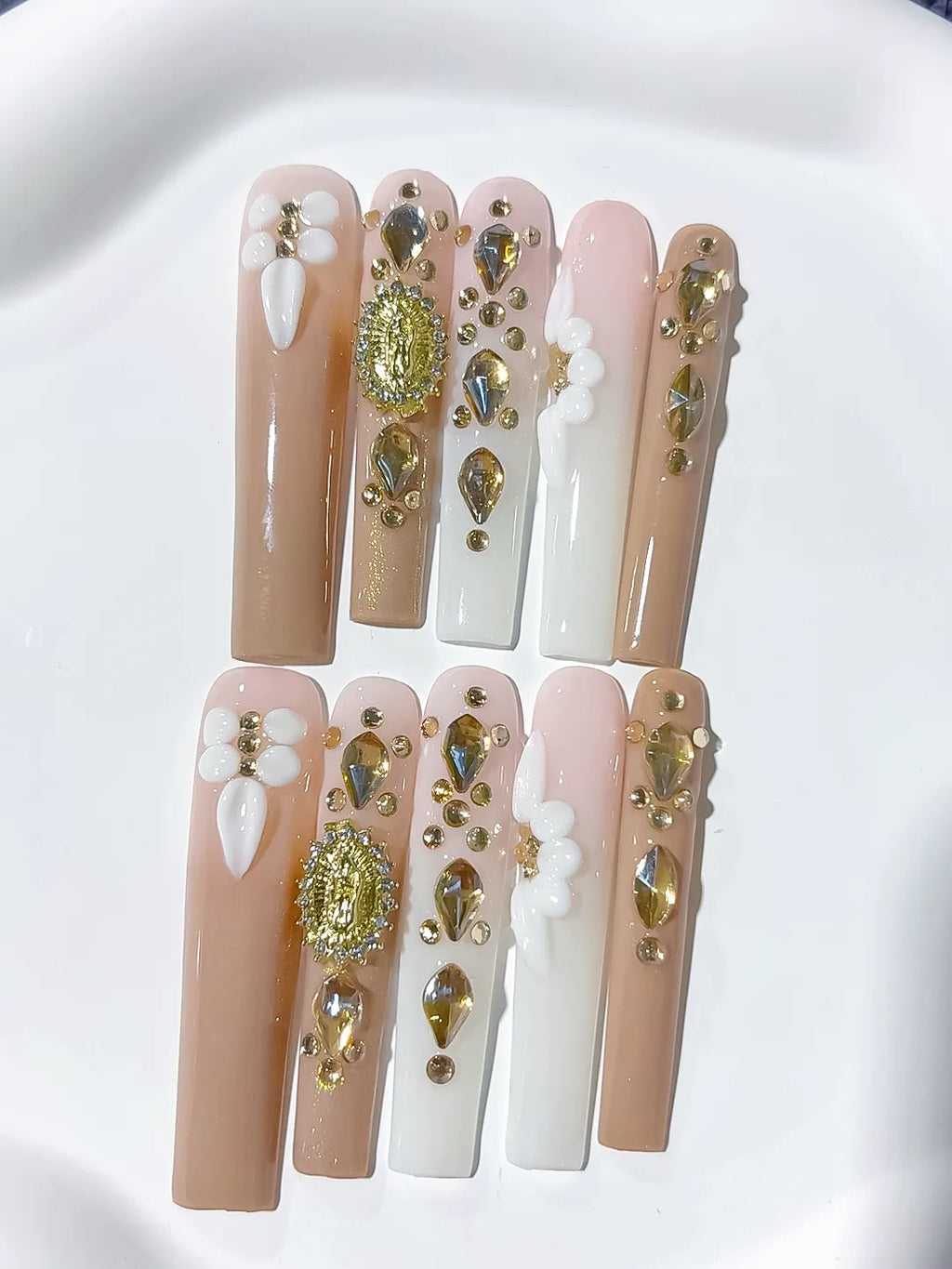 M060 - Long Nude White Square Solid color Flower Rhinestone