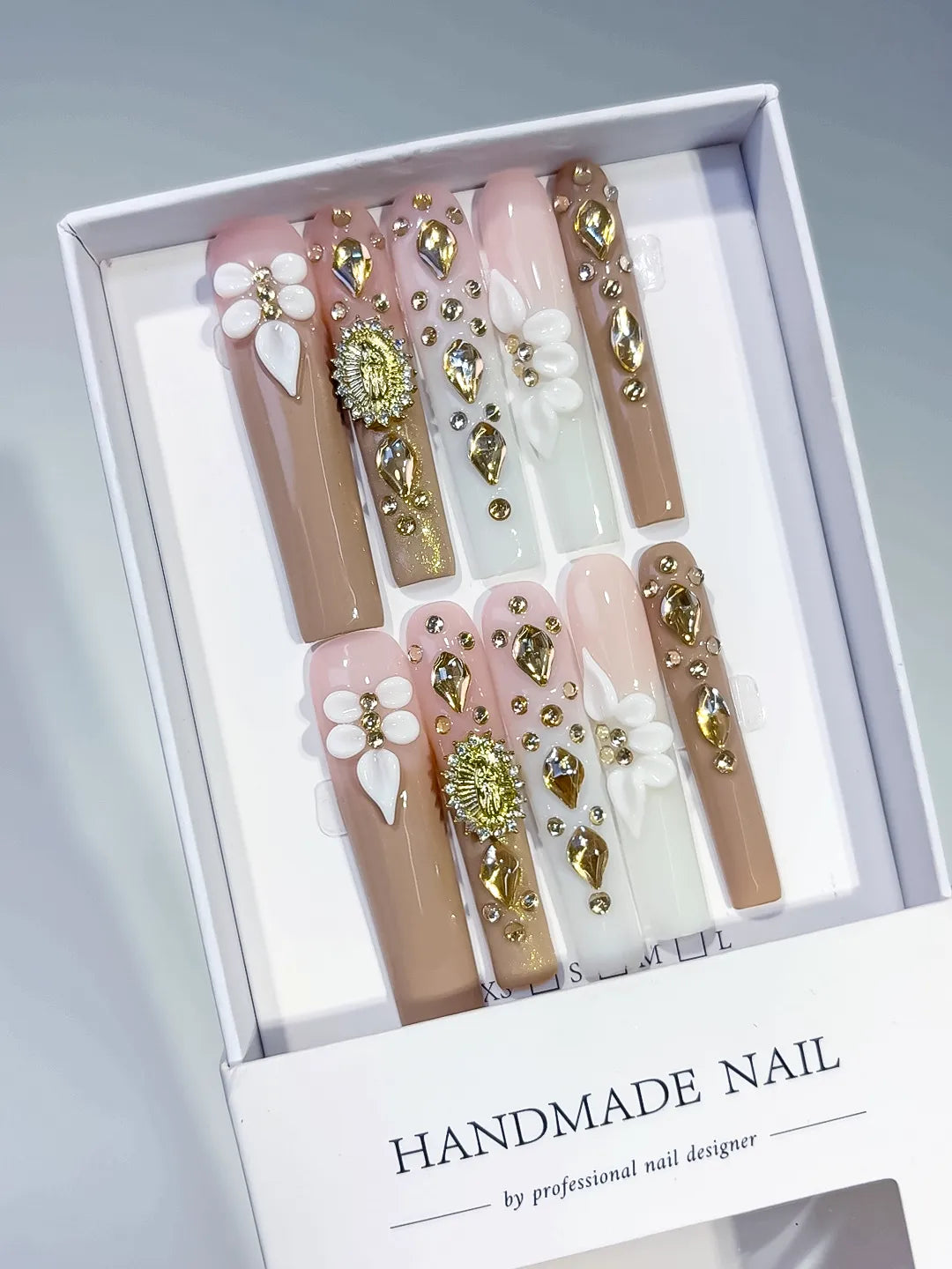M060 - Long Nude White Square Solid color Flower Rhinestone