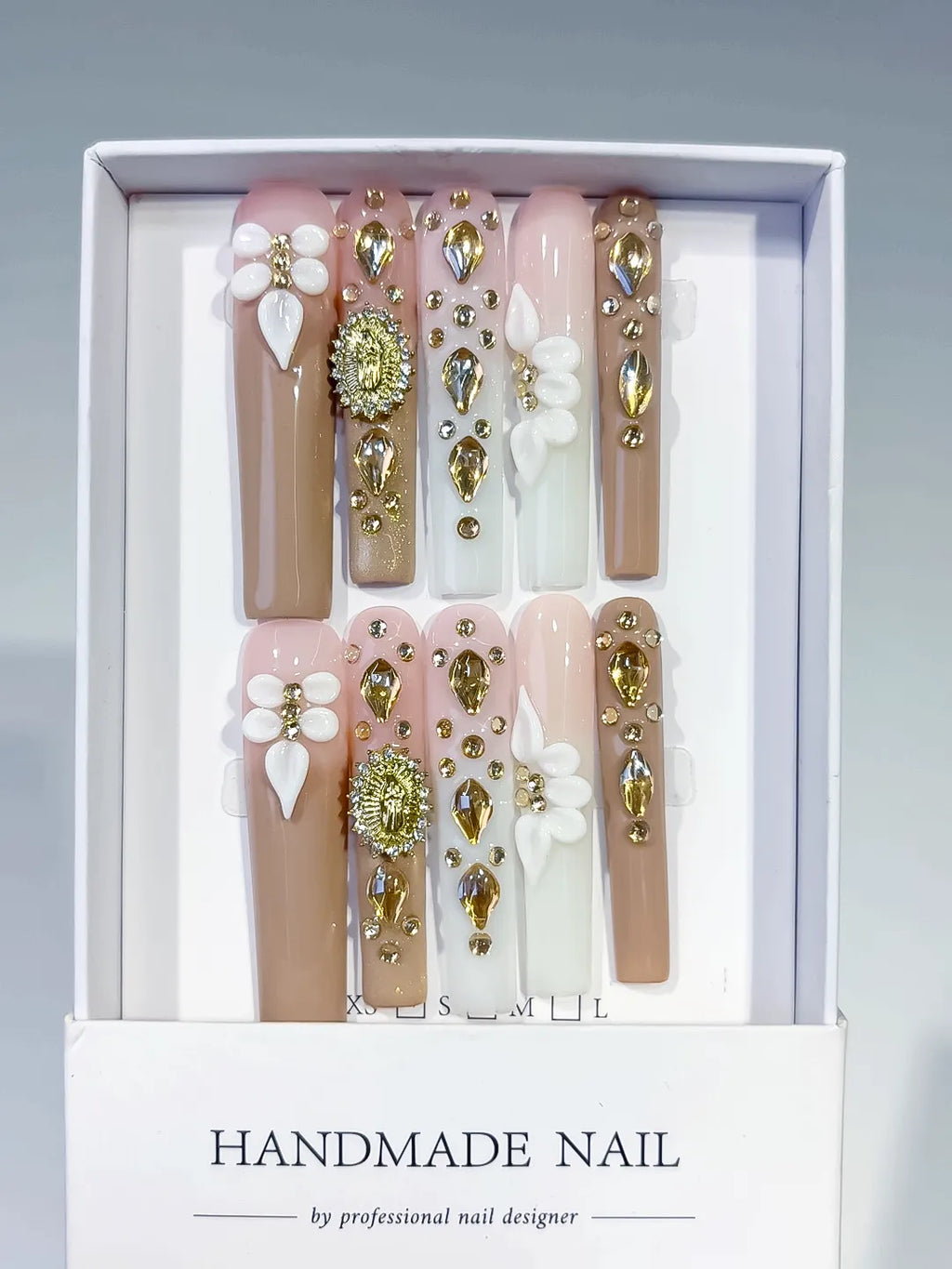 M060 - Long Nude White Square Solid color Flower Rhinestone