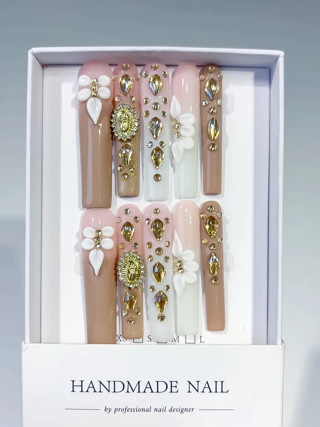 M060 - Long Nude White Square Solid color Flower Rhinestone