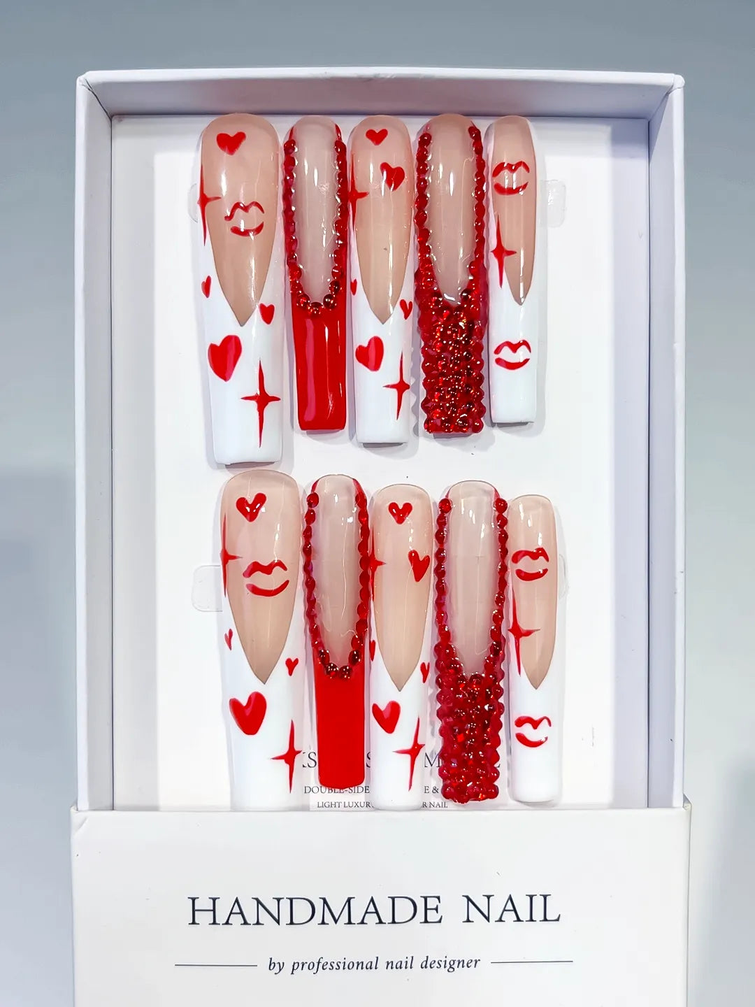 M061 - Long White Red Square French tip Bow Dot