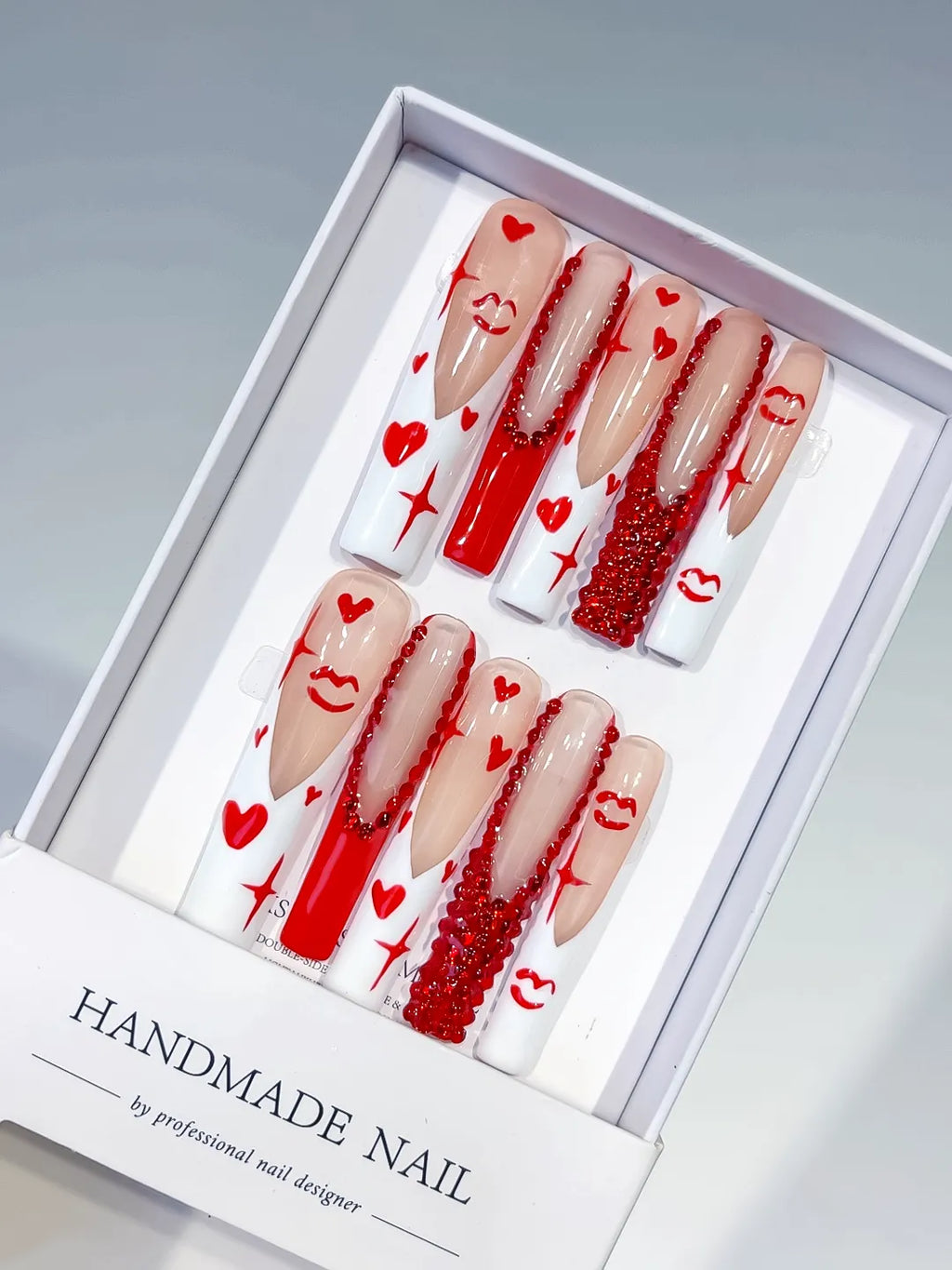 M061 - Long White Red Square French tip Bow Dot