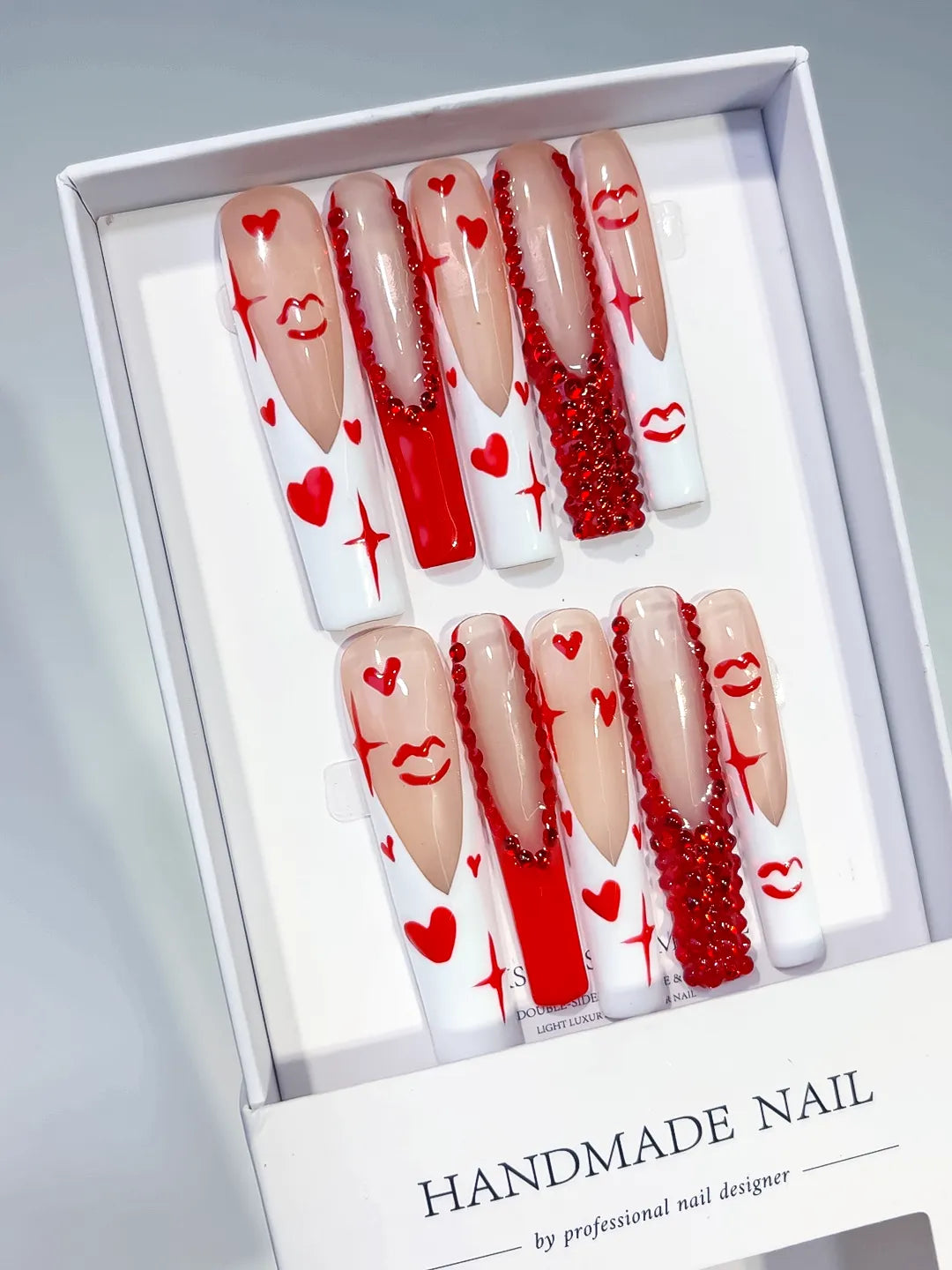 M061 - Long White Red Square French tip Bow Dot