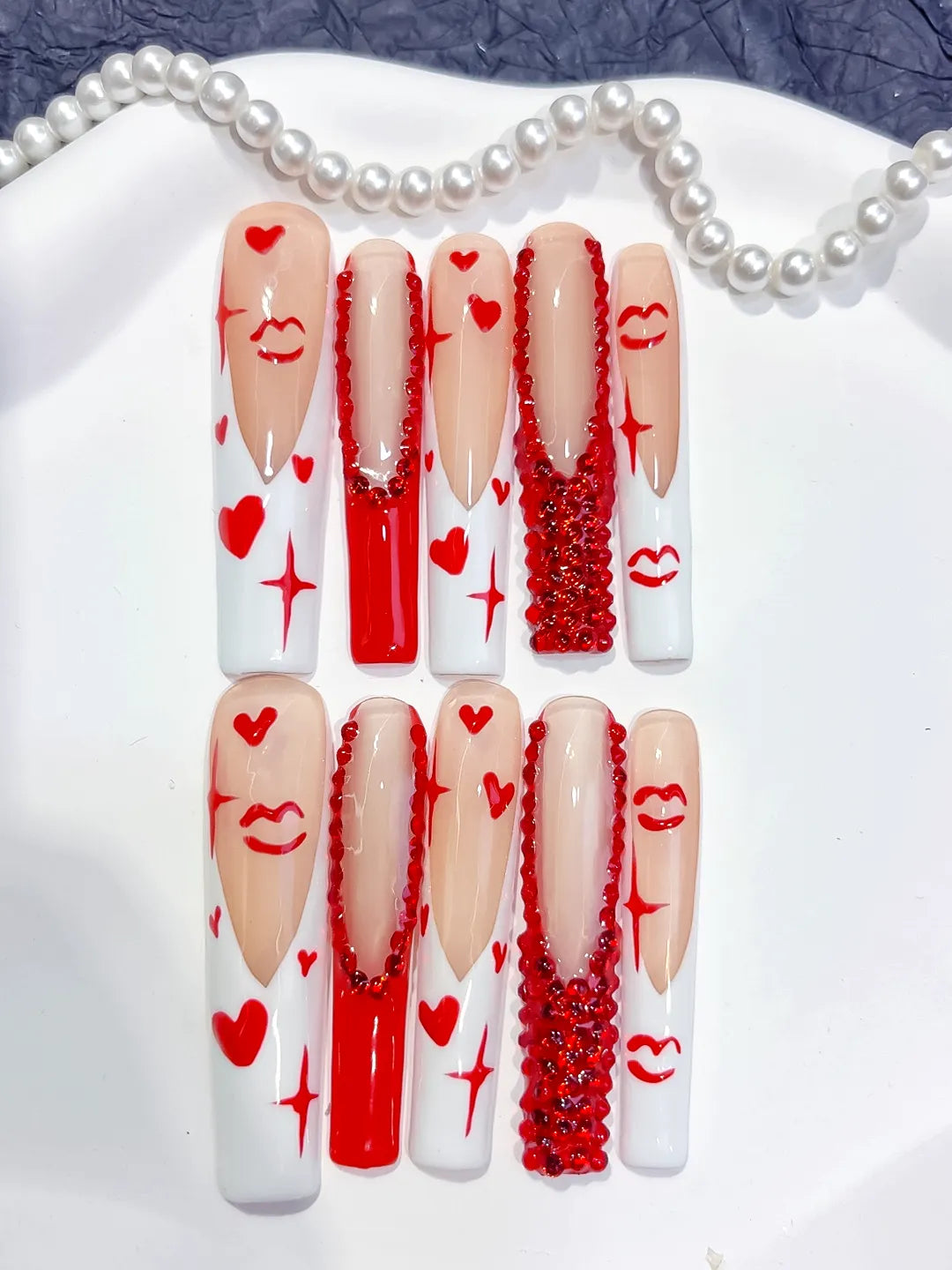 M061 - Long White Red Square French tip Bow Dot