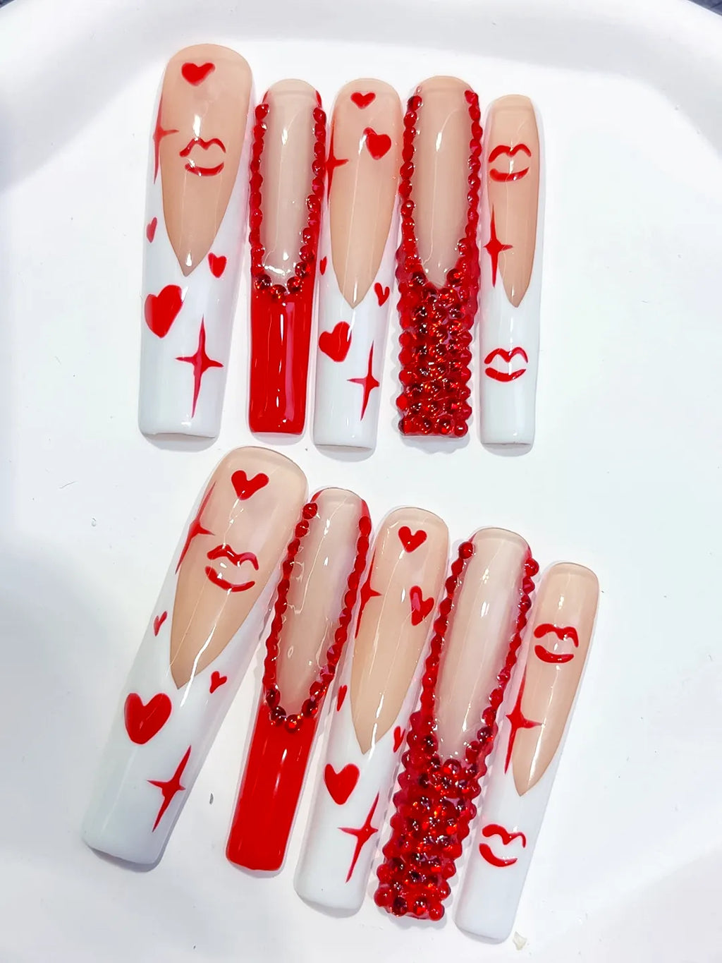 M061 - Long White Red Square French tip Bow Dot