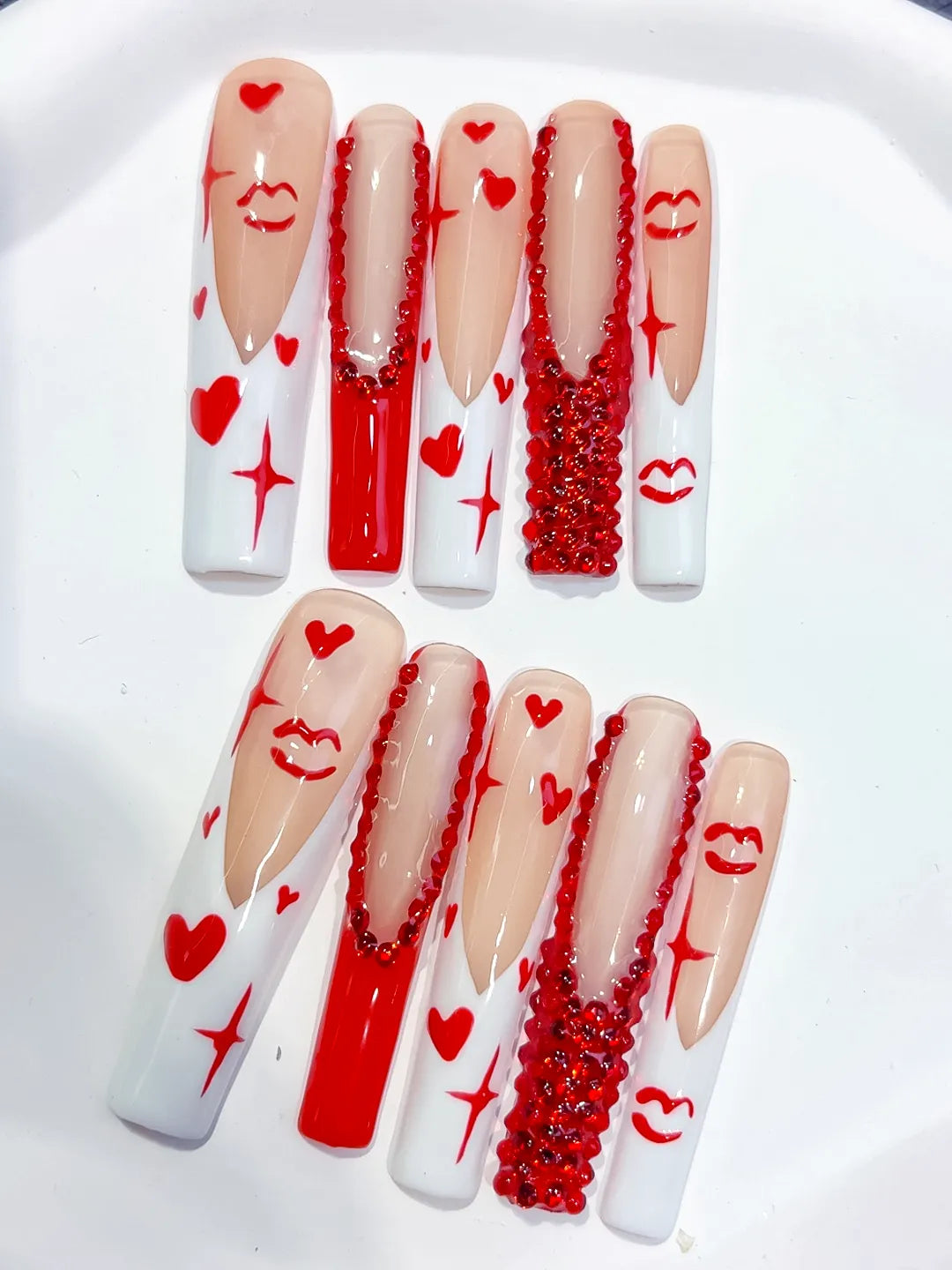 M061 - Long White Red Square French tip Bow Dot