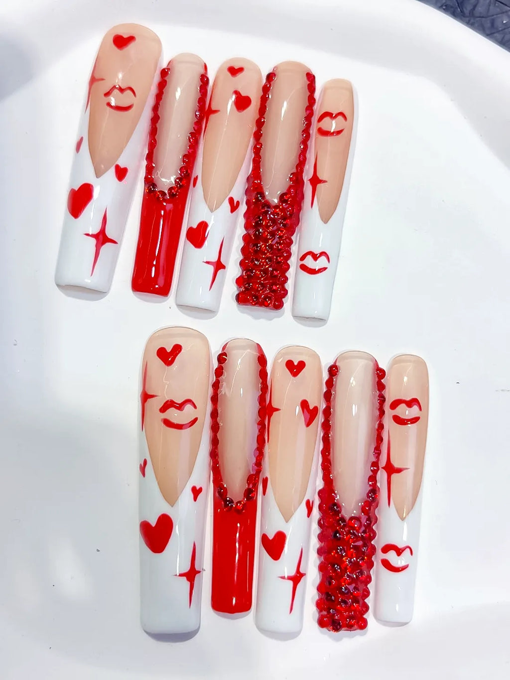 M061 - Long White Red Square French tip Bow Dot