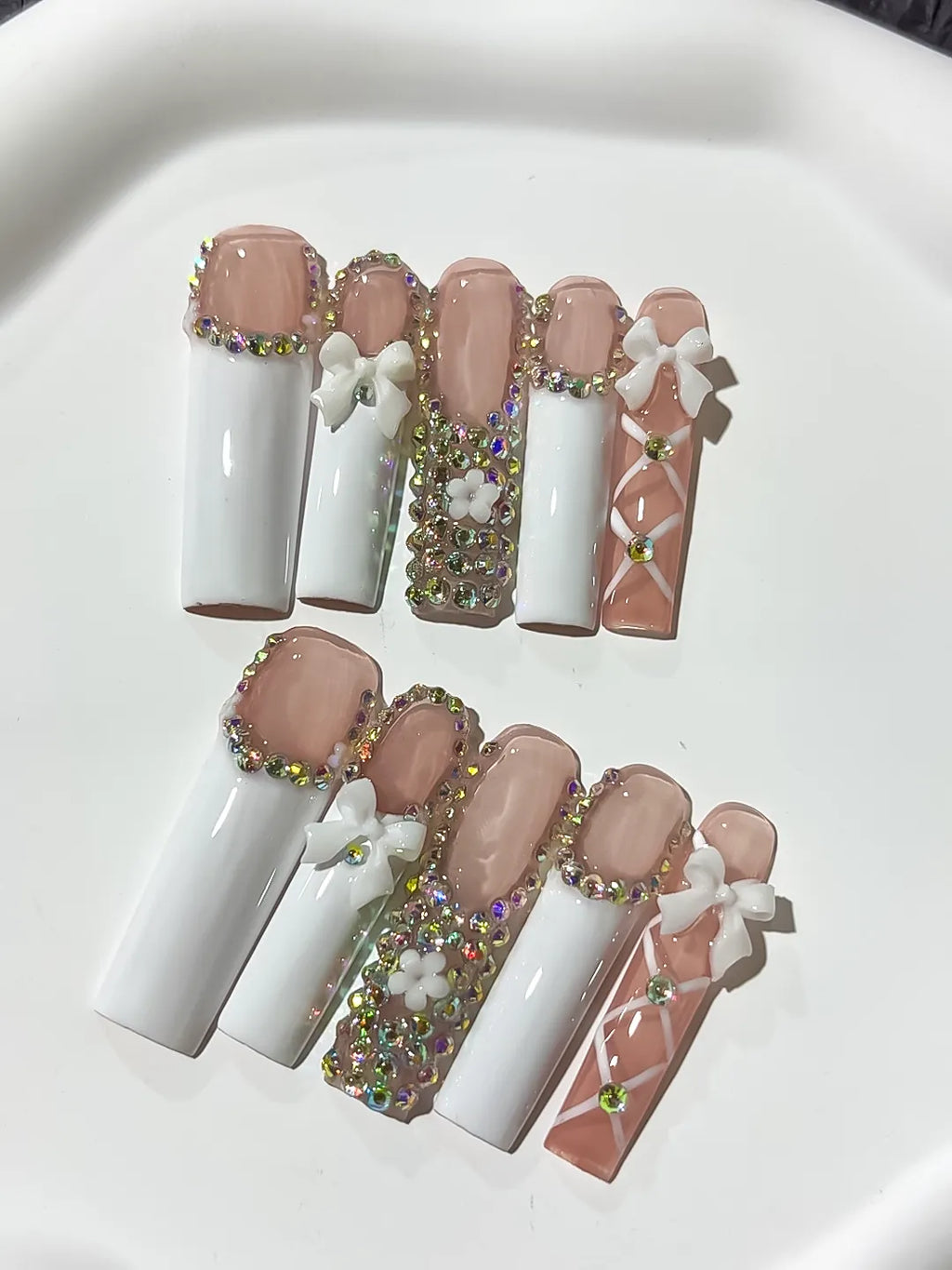 M062 - Long Nude White Square Solid color Heart Rhinestone