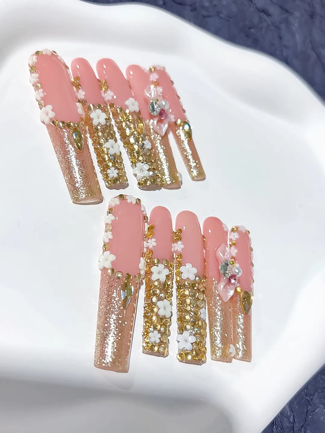 M063 - Long Nude Pink Square Solid color Flower Rhinestone