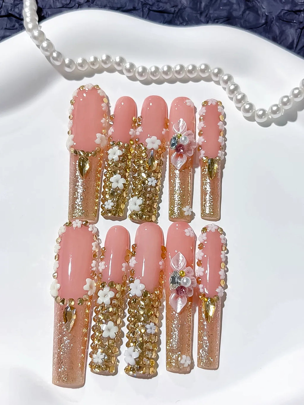 M063 - Long Nude Pink Square Solid color Flower Rhinestone
