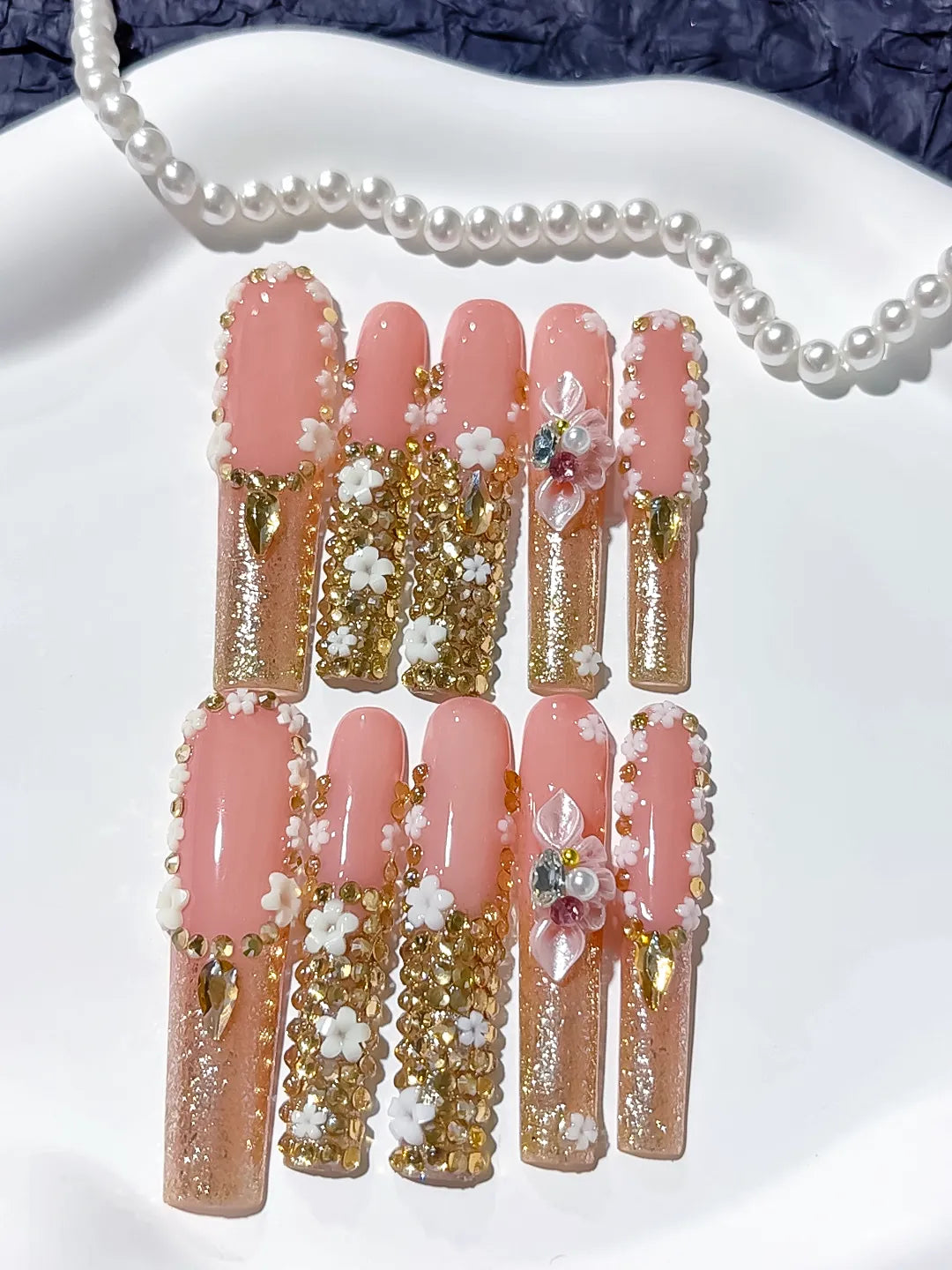 M063 - Long Nude Pink Square Solid color Flower Rhinestone