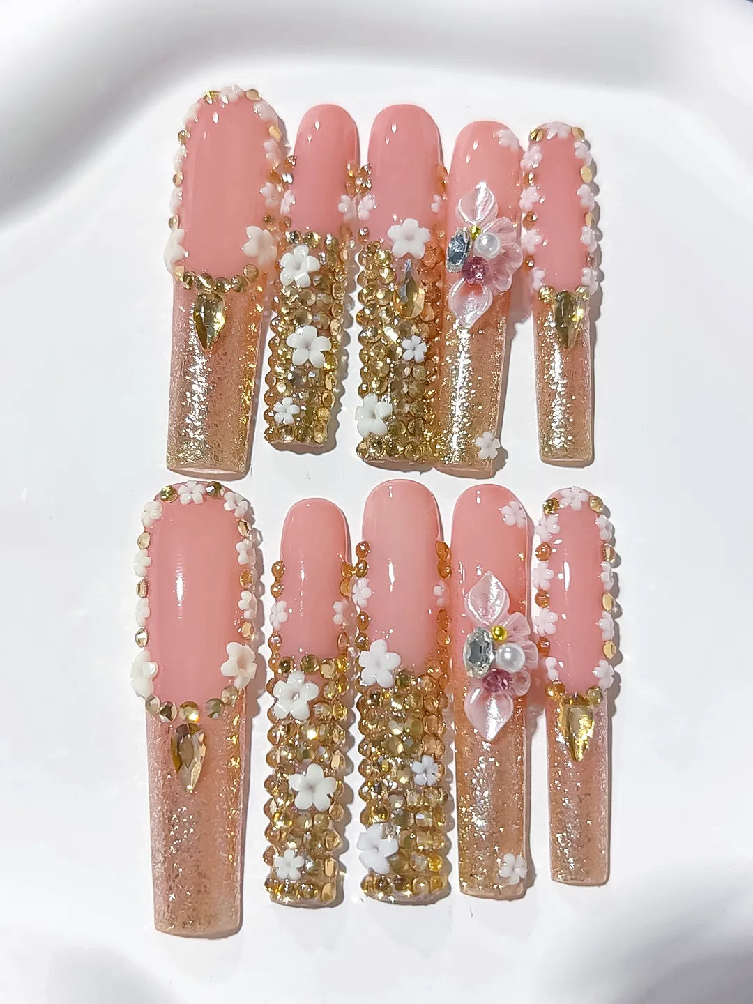 M063 - Long Nude Pink Square Solid color Flower Rhinestone