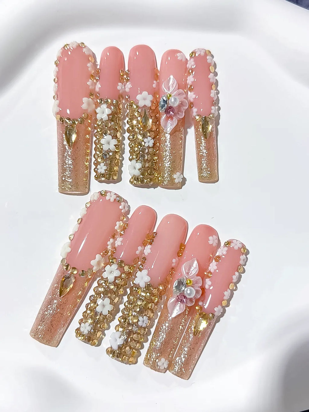 M063 - Long Nude Pink Square Solid color Flower Rhinestone