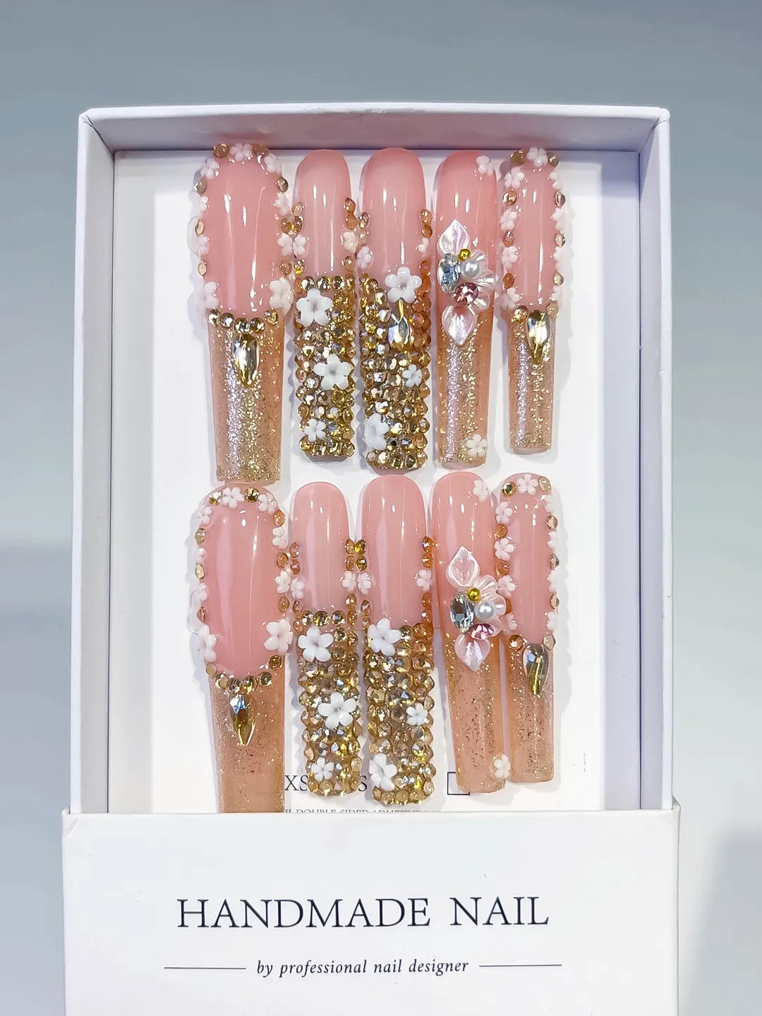 M063 - Long Nude Pink Square Solid color Flower Rhinestone