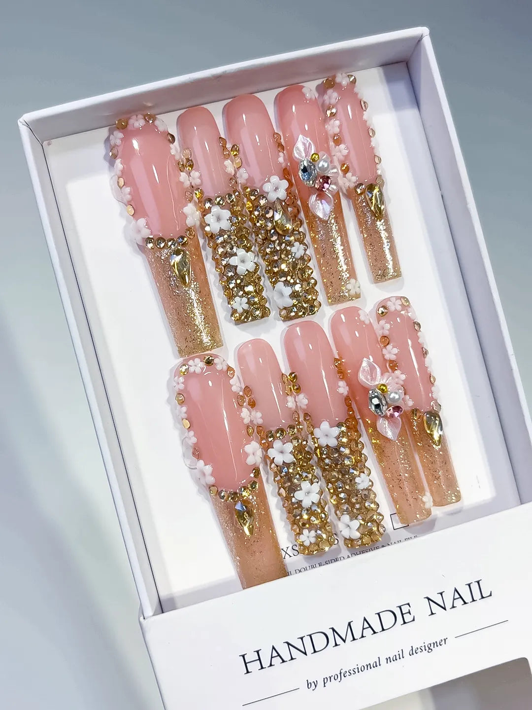 M063 - Long Nude Pink Square Solid color Flower Rhinestone
