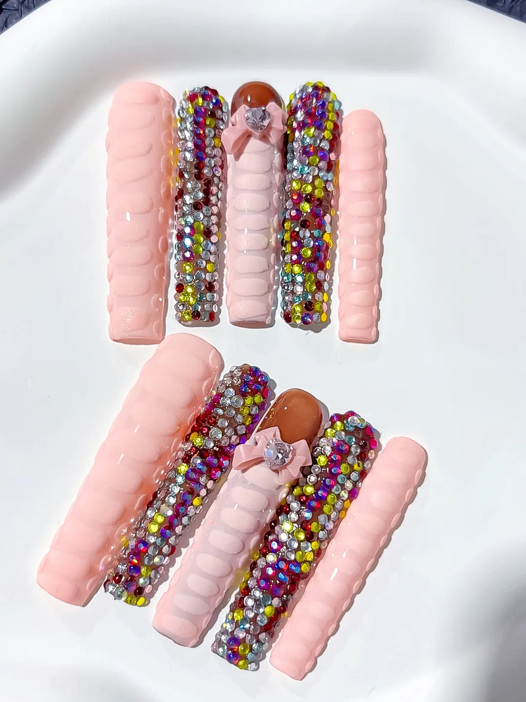 M064 - Long Nude Pink Square Solid color Rhinestone Crystal Cluster