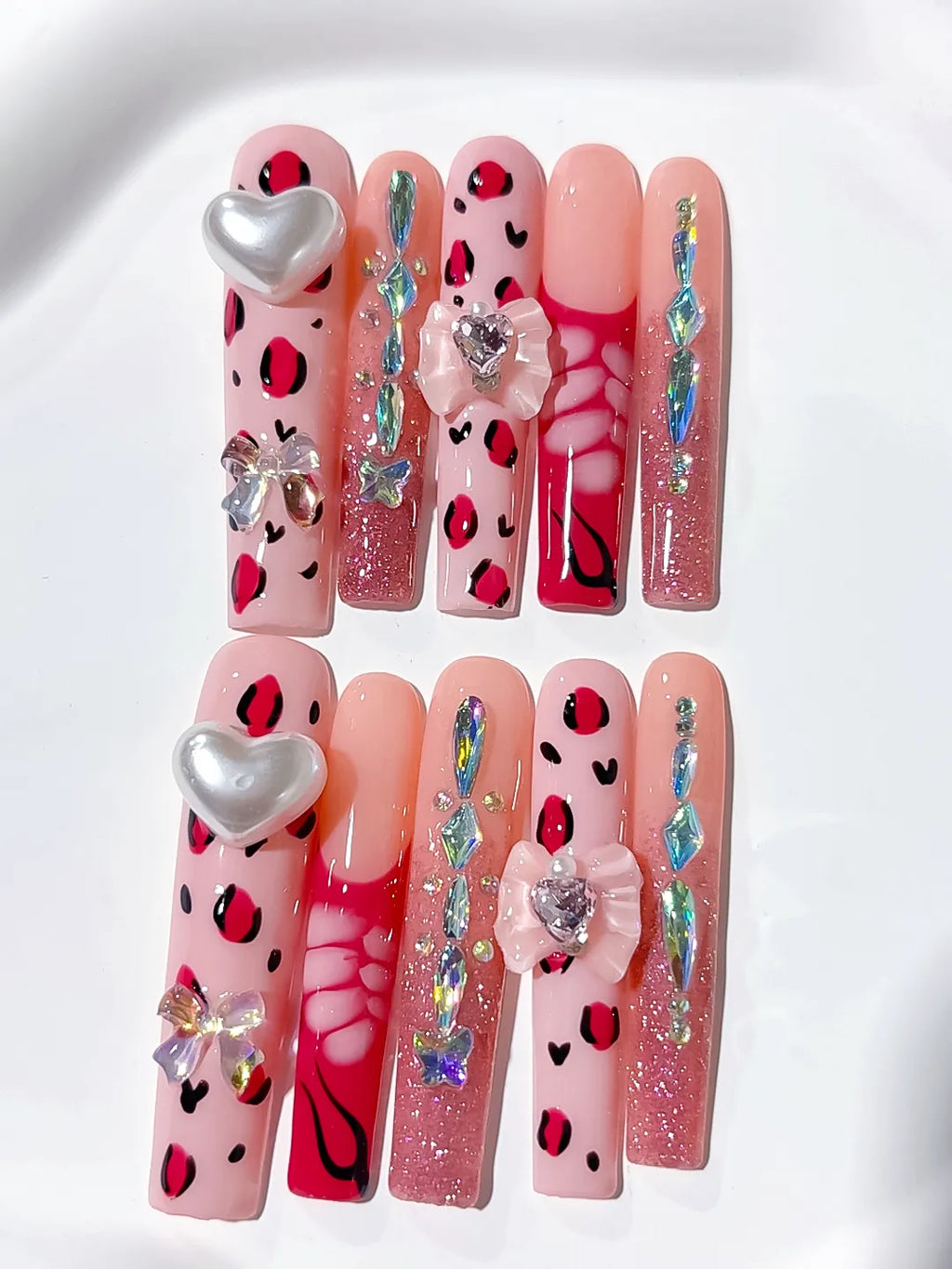 M065 - Long Pink White Square Solid color Flower Rhinestone