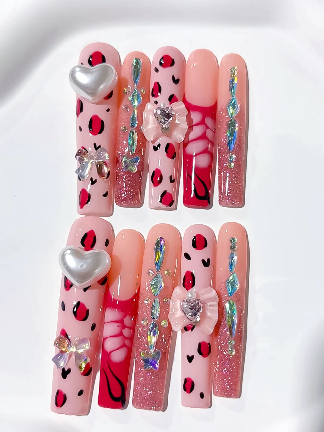 M065 - Long Pink White Square Solid color Flower Rhinestone