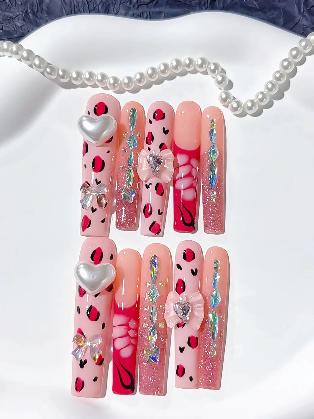 M065 - Long Pink White Square Solid color Flower Rhinestone