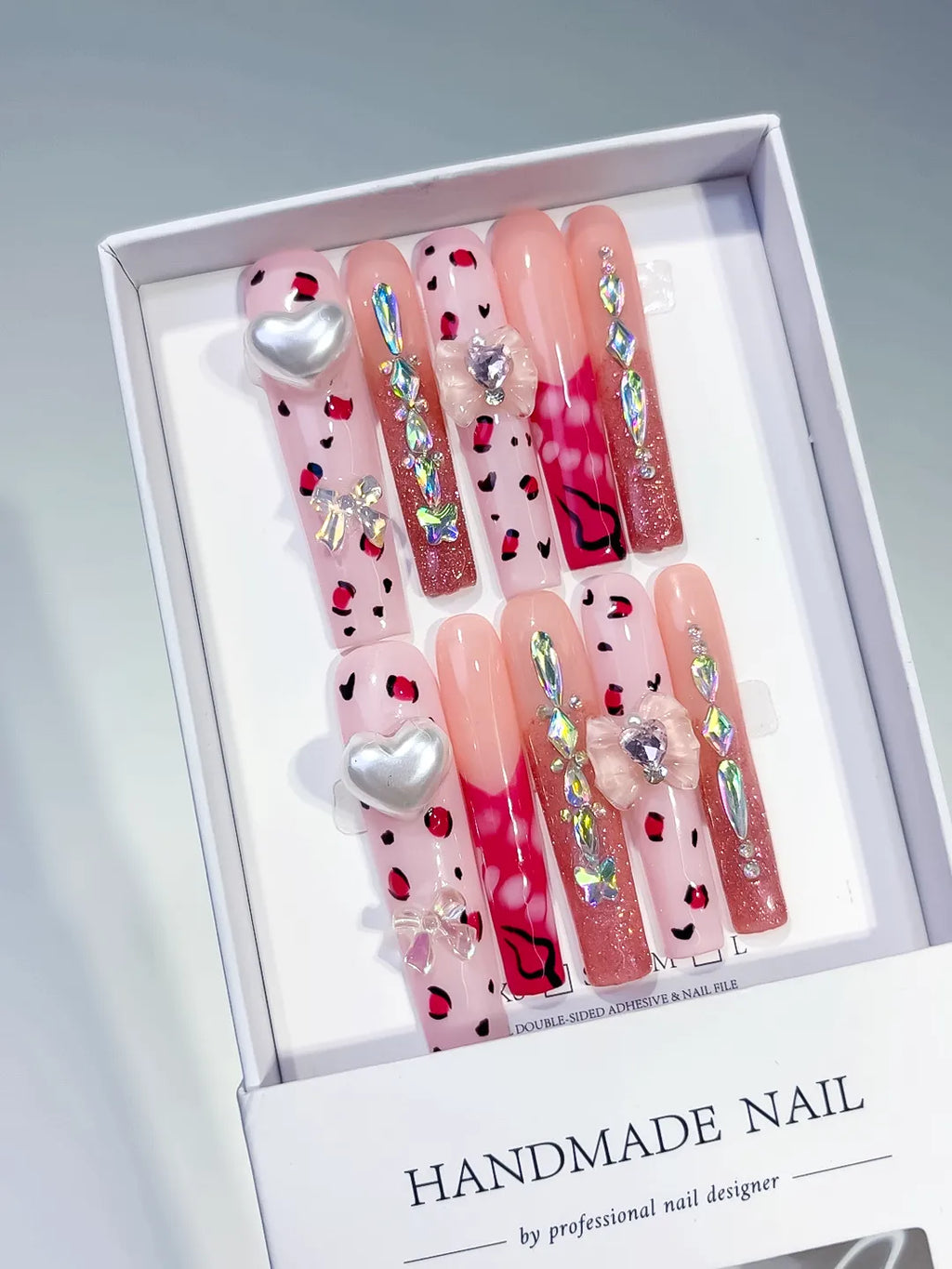 M065 - Long Pink White Square Solid color Flower Rhinestone