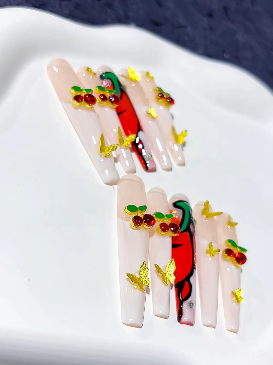 M066 - Long White Red Coffin Floral Cherry Rhinestone