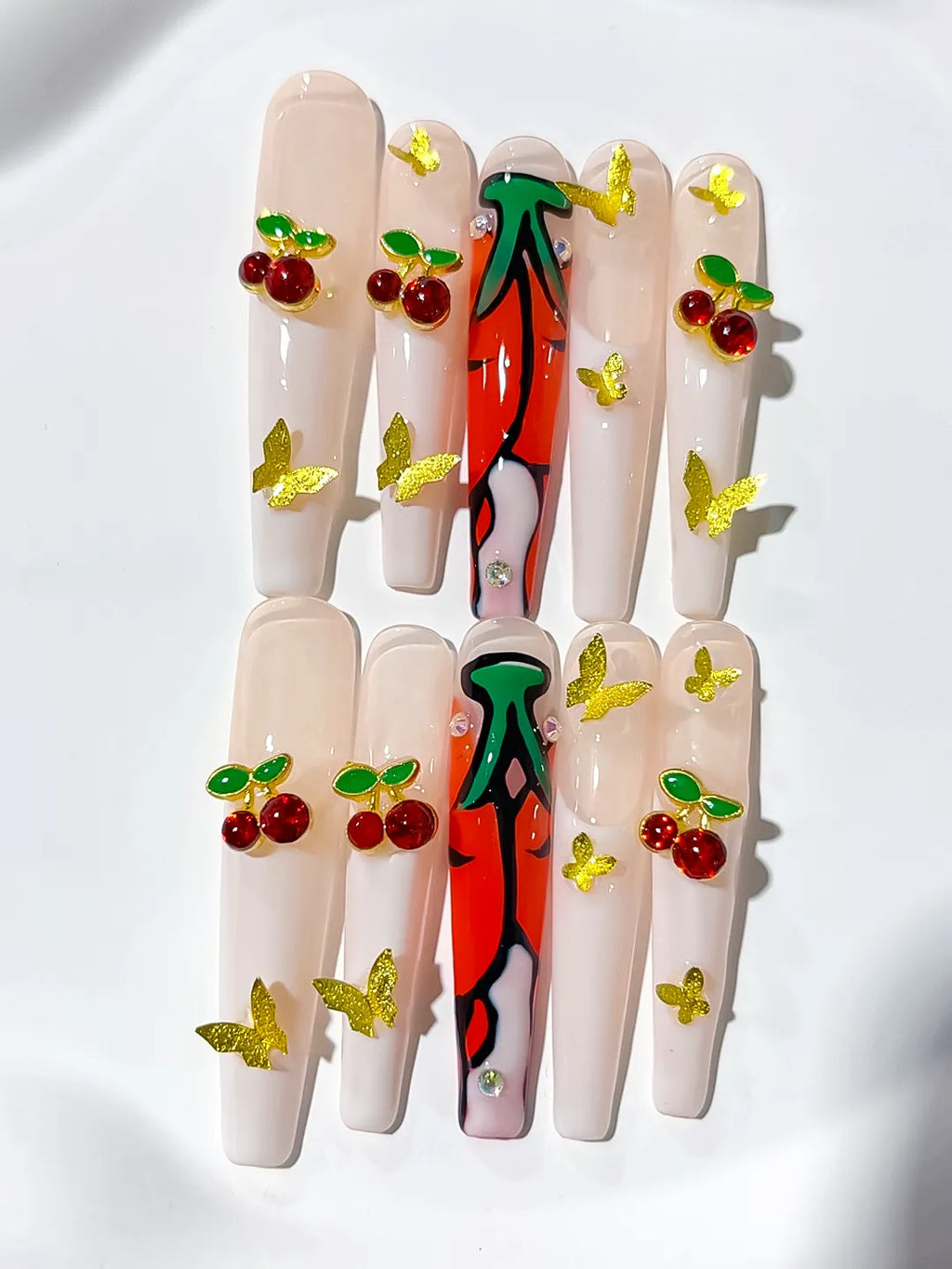 M066 - Long White Red Coffin Floral Cherry Rhinestone