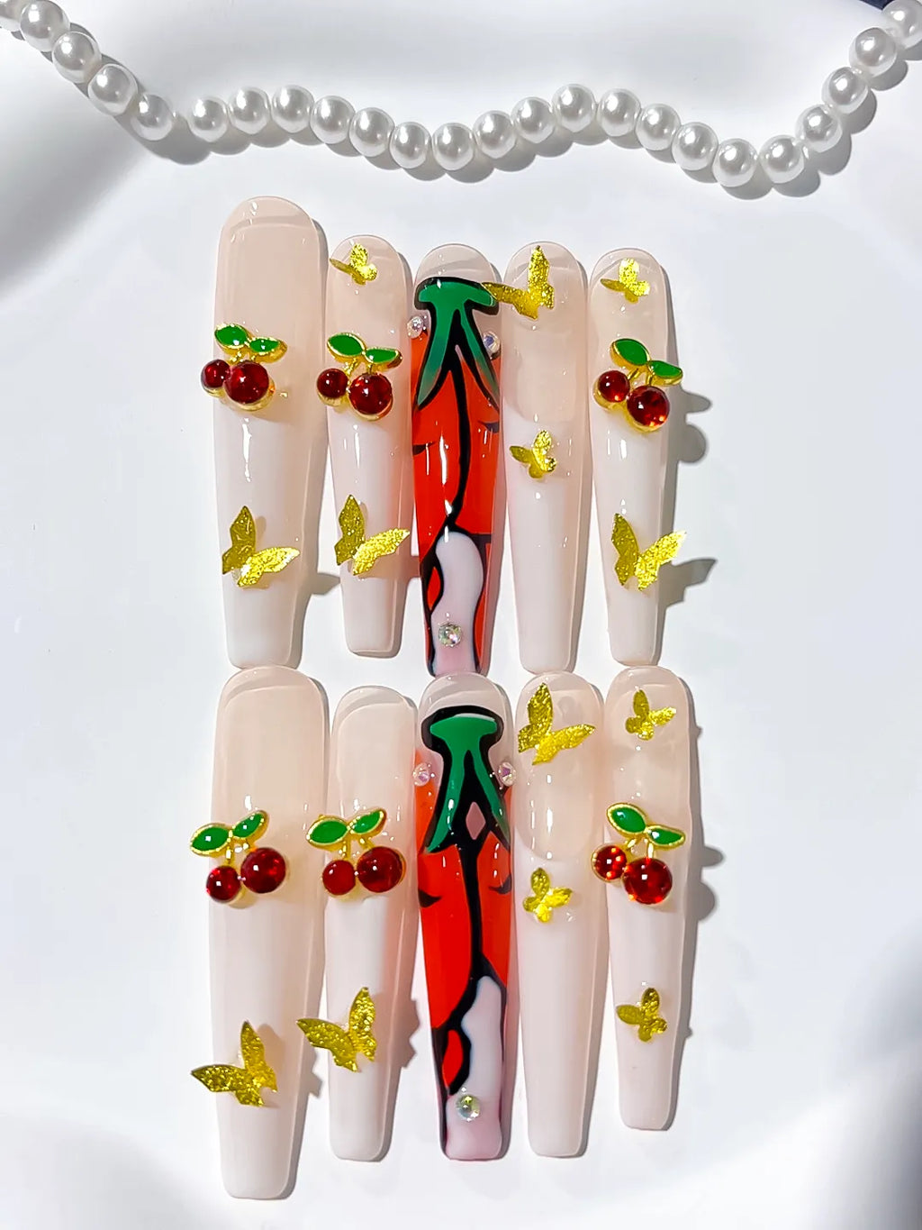M066 - Long White Red Coffin Floral Cherry Rhinestone