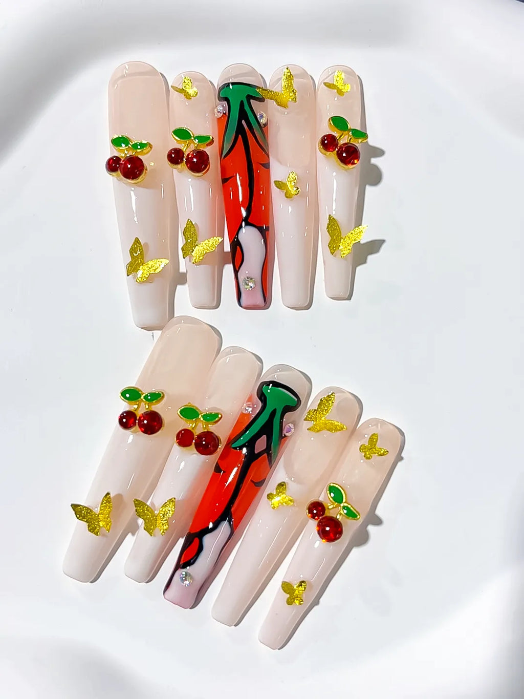 M066 - Long White Red Coffin Floral Cherry Rhinestone