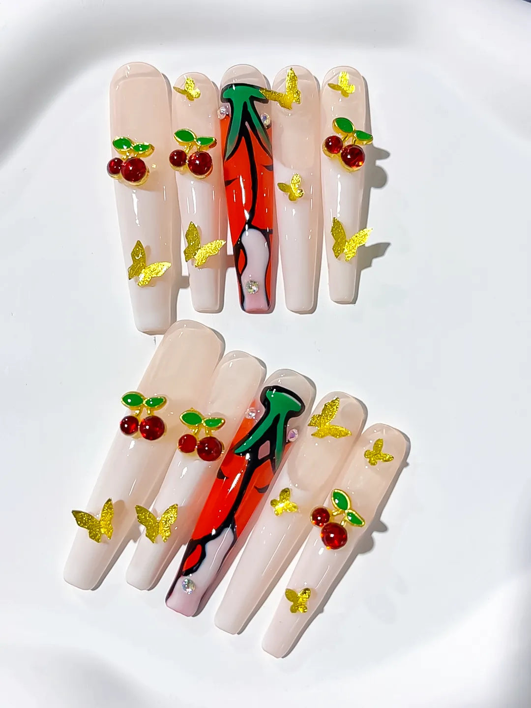 M066 - Long White Red Coffin Floral Cherry Rhinestone