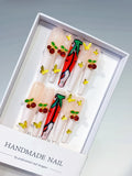 M066 - Long White Red Coffin Floral Cherry Rhinestone