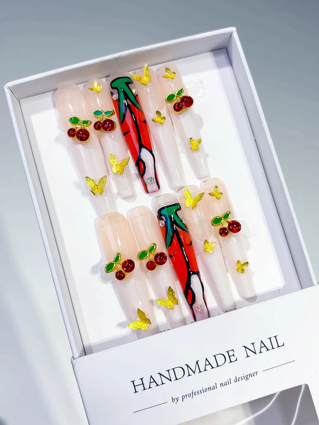 M066 - Long White Red Coffin Floral Cherry Rhinestone