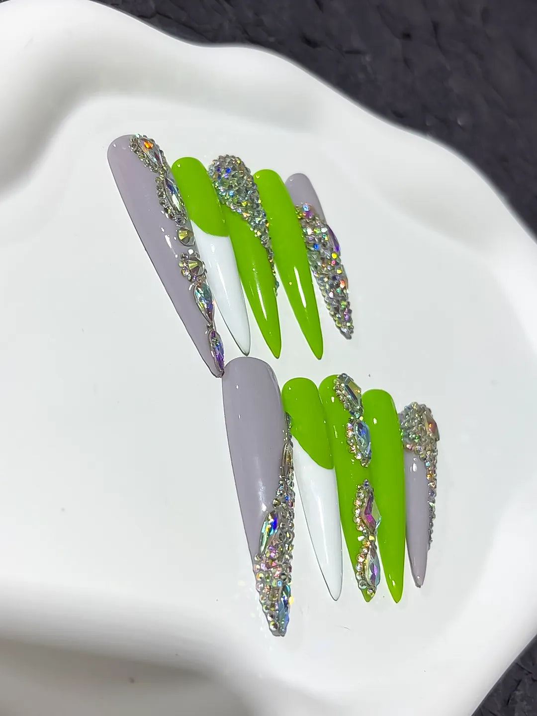 M068 - Long Green Silver Stiletto Solid color Rhinestone Metallic Accent
