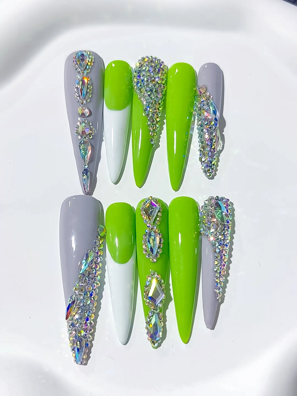 M068 - Long Green Silver Stiletto Solid color Rhinestone Metallic Accent