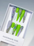 M068 - Long Green Silver Stiletto Solid color Rhinestone Metallic Accent