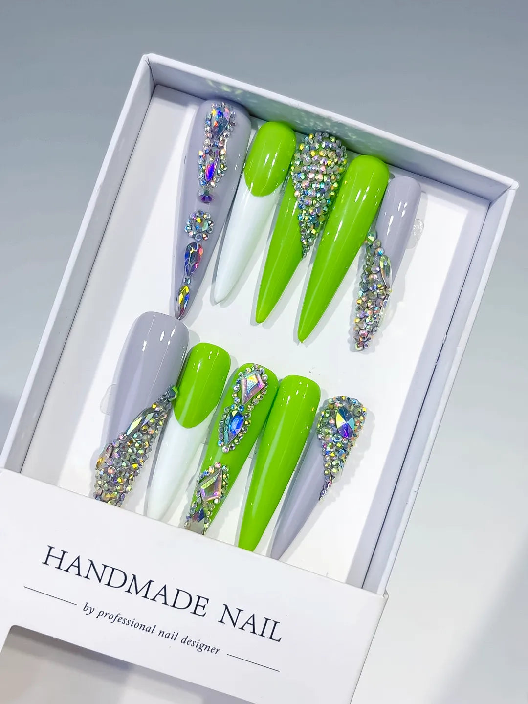M068 - Long Green Silver Stiletto Solid color Rhinestone Metallic Accent