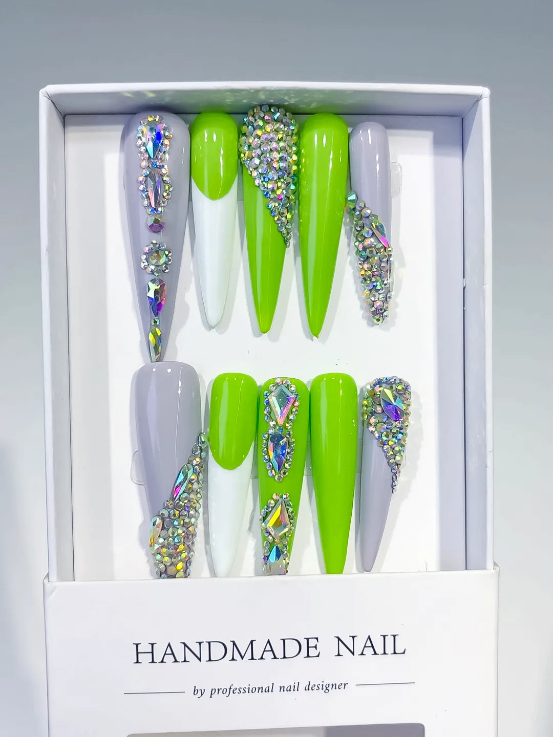 M068 - Long Green Silver Stiletto Solid color Rhinestone Metallic Accent