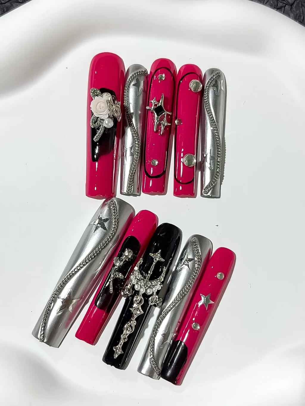 M069 - Long Pink Black Square Abstract Heart Rhinestone