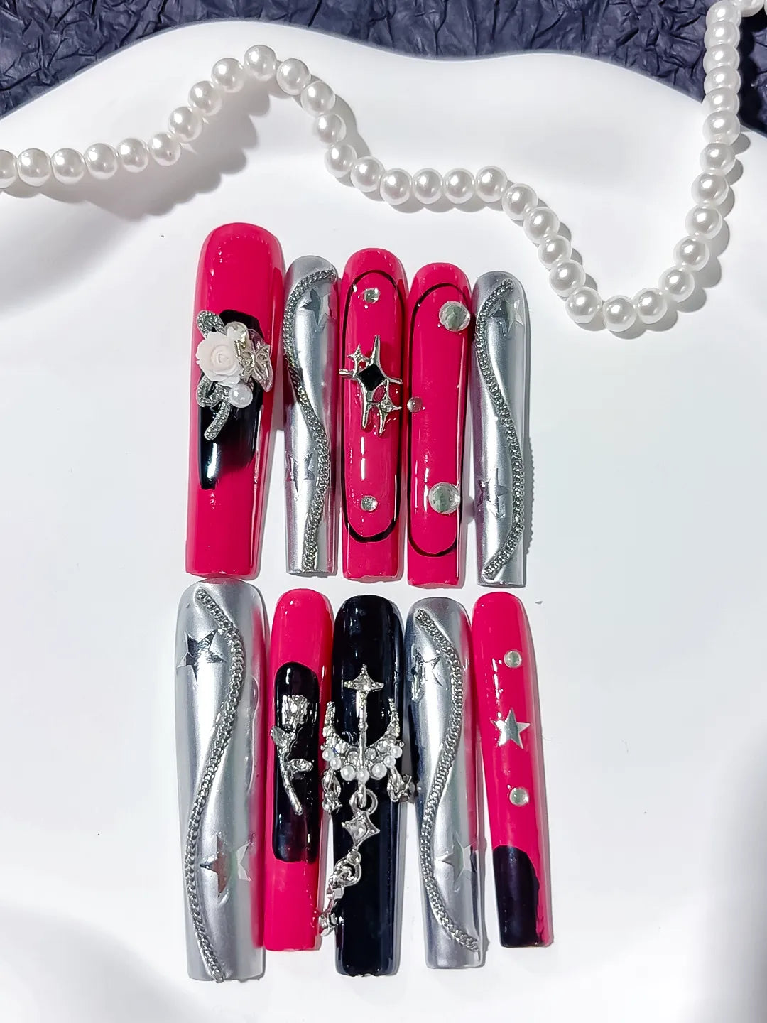 M069 - Long Pink Black Square Abstract Heart Rhinestone
