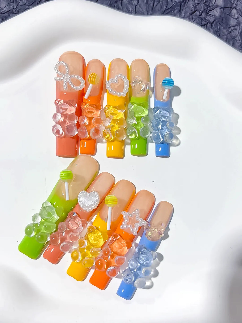 M070 - Long Orange Yellow Square Glitter Ombre Glitter