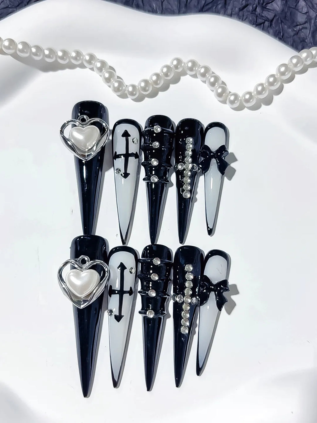 M071 - Long Black White Stiletto Abstract Bow Rhinestone