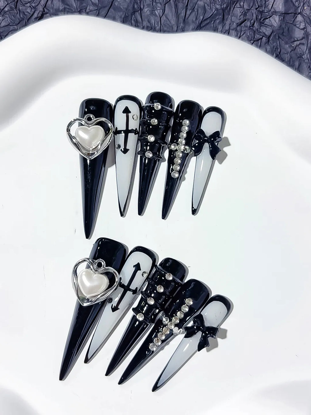 M071 - Long Black White Stiletto Abstract Bow Rhinestone