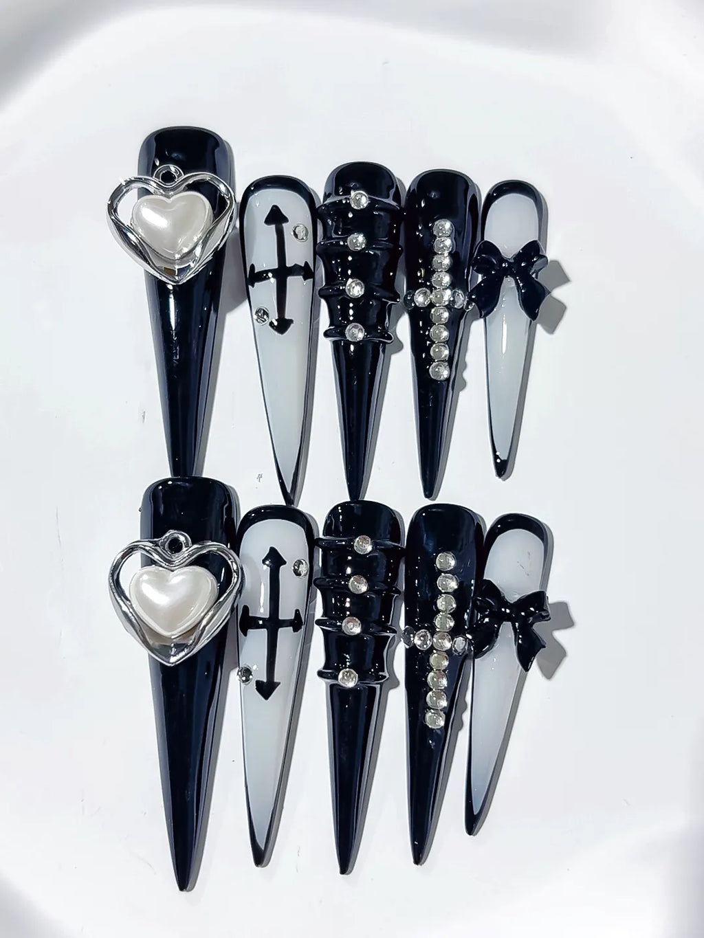 M071 - Long Black White Stiletto Abstract Bow Rhinestone