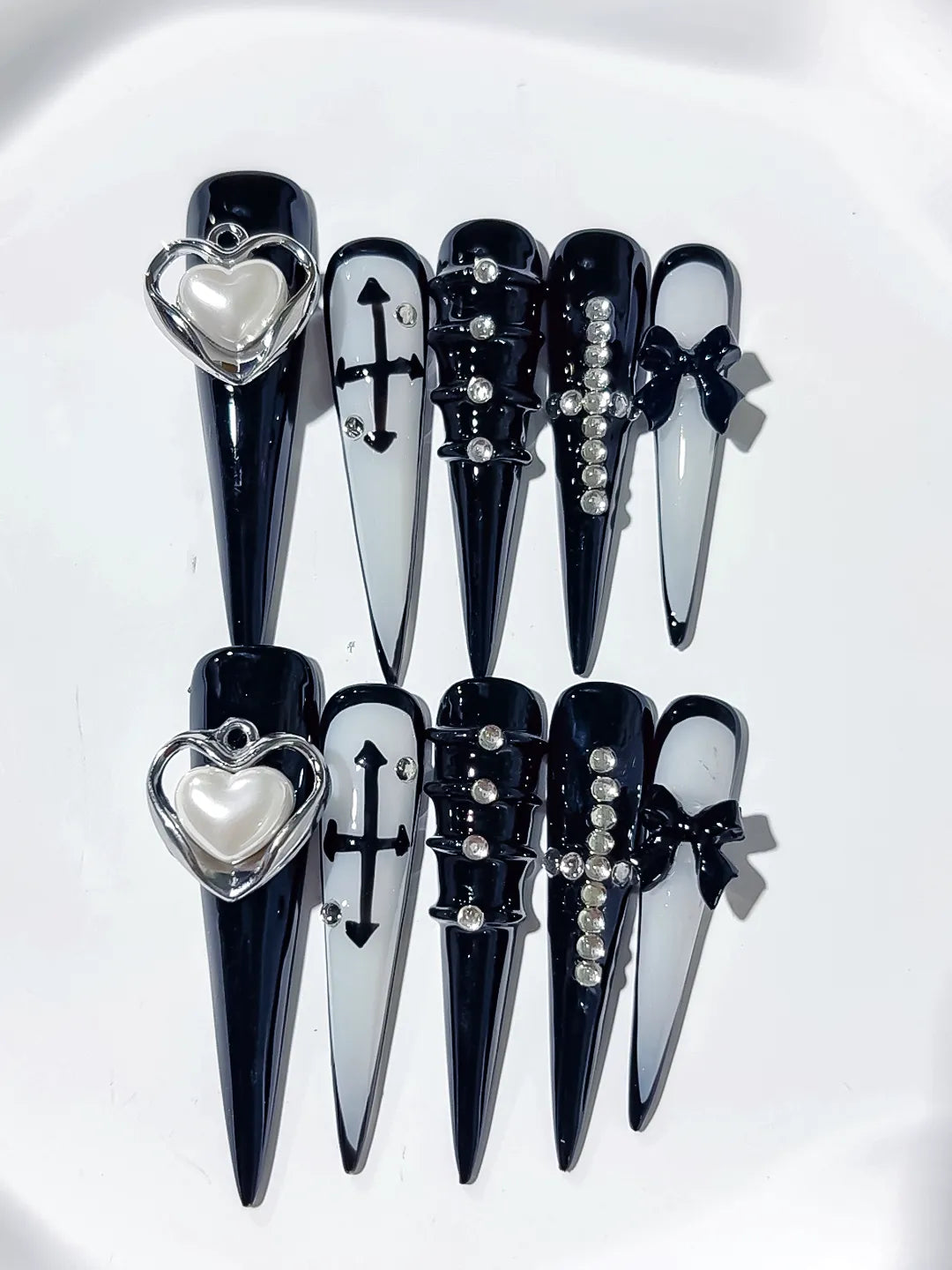 M071 - Long Black White Stiletto Abstract Bow Rhinestone
