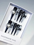 M071 - Long Black White Stiletto Abstract Bow Rhinestone