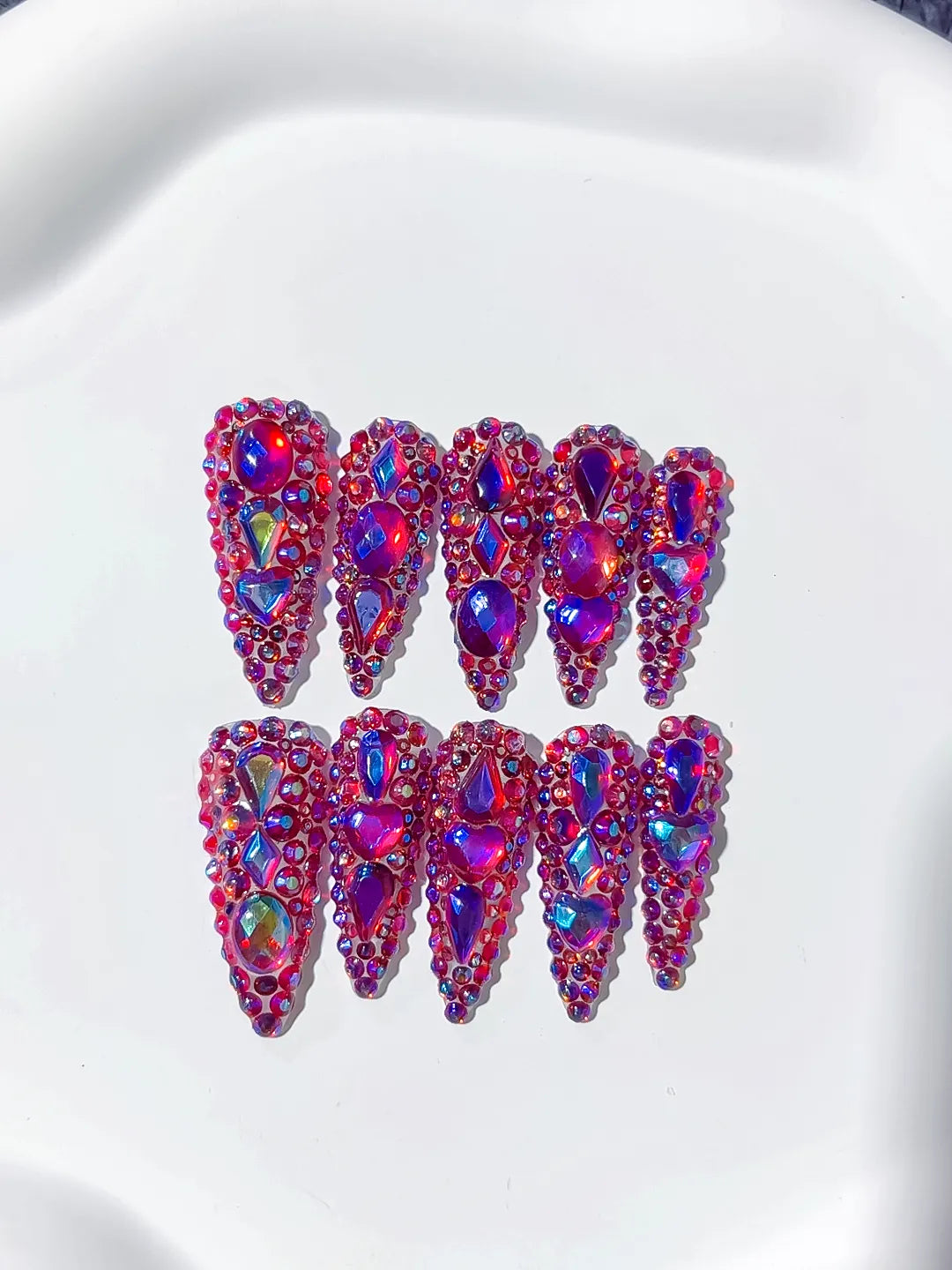 M073 - Long Purple Silver Stiletto Glitter Rhinestone