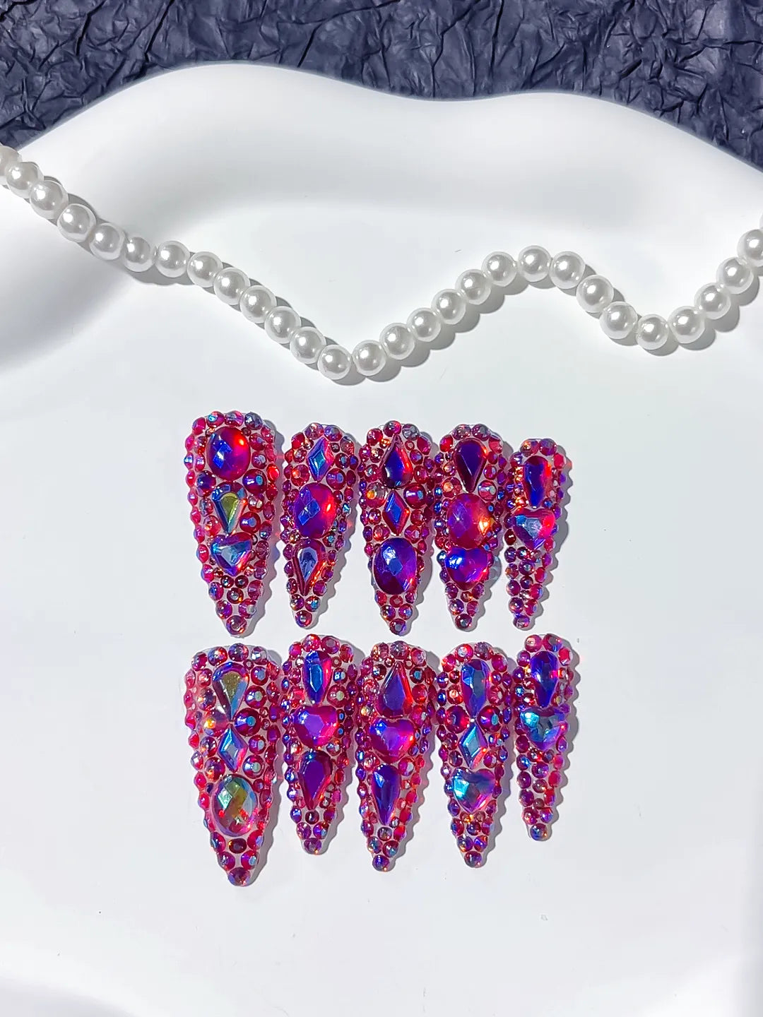 M073 - Long Purple Silver Stiletto Glitter Rhinestone