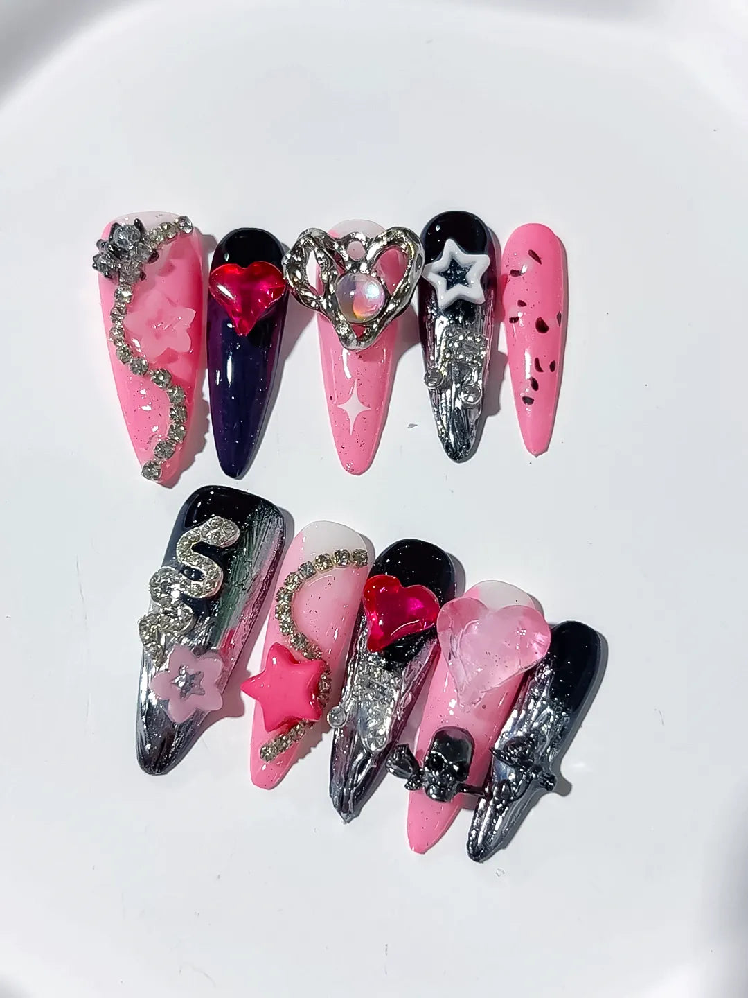 M074 - Long Pink Black Stiletto Abstract Bow Flower