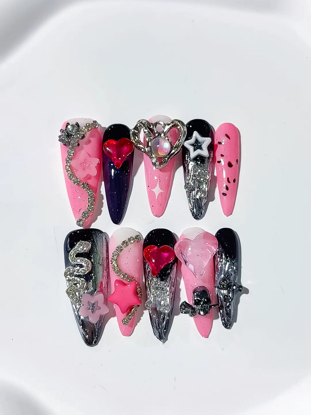 M074 - Long Pink Black Stiletto Abstract Bow Flower