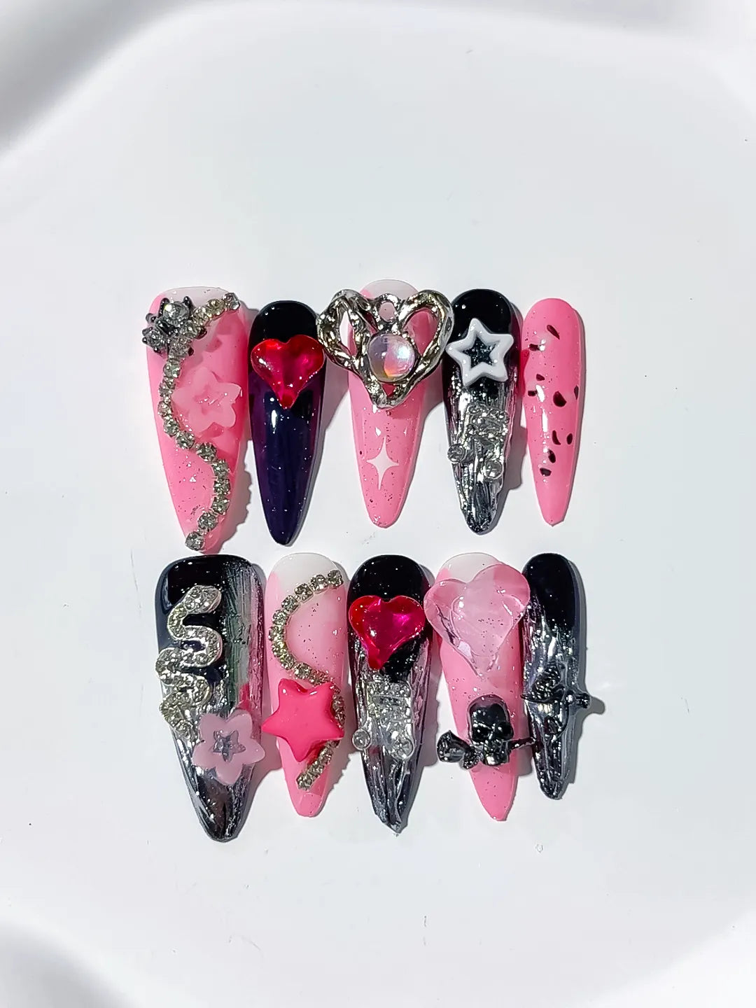 M074 - Long Pink Black Stiletto Abstract Bow Flower