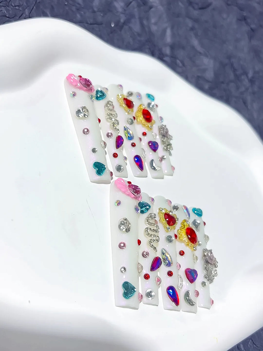 M075 - Long White Multicolor Square Abstract Flower Rhinestone
